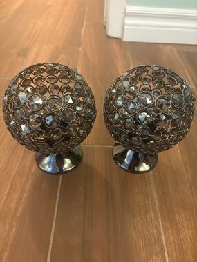 Metal Crystal Globe Candle Holders - Gunmetal